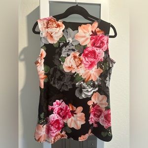 Career wear Calvin Klein sleeveless floral top gold neckline detail